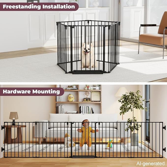 127.5" Wide Configurable Baby Gate for Fireplace Christmas Tree | Extra Wide Child Gate for Large Openings with Anti-Trip Pedal, Long Kid Gate for Dog Pet, 28'' Tall 5 Metal Panels Black