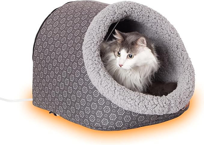 K&H Heated Cat Bed, Thermo-Pet Cave Indoor, Safety Listed, 4W, Gray | Removable Waterproof Cat Heating Pad, Heated Pet Bed for Dogs & Cats, Covered Cave Pet Tent, Collapsible, Machine Washable