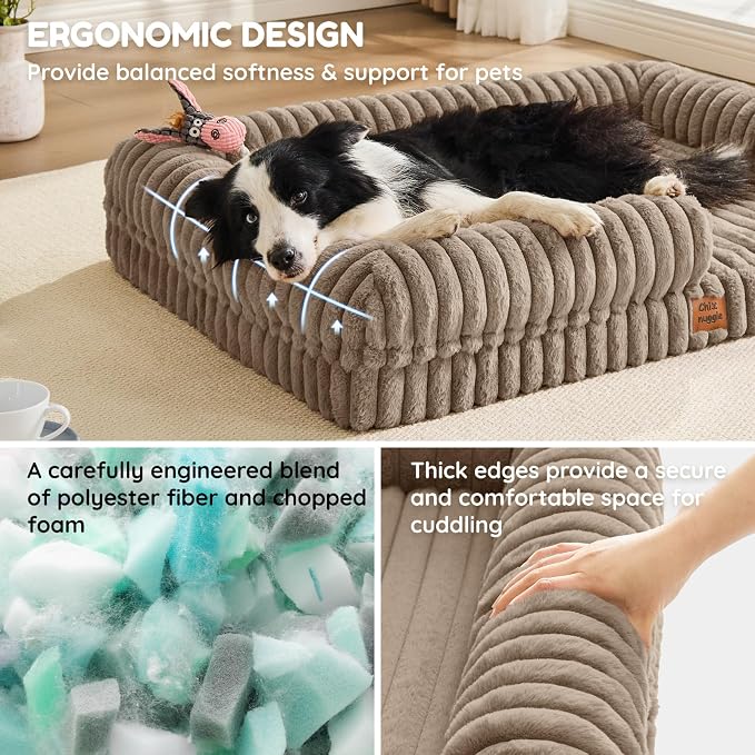 ChiXnuggle Faux Fur Orthopedic Dog Bolster Bed, Waterproof Washable Cover | rectangular dog sofa couch,egg crate foam,non-slip bottom,for extra large dogs,taupe,41*30*7