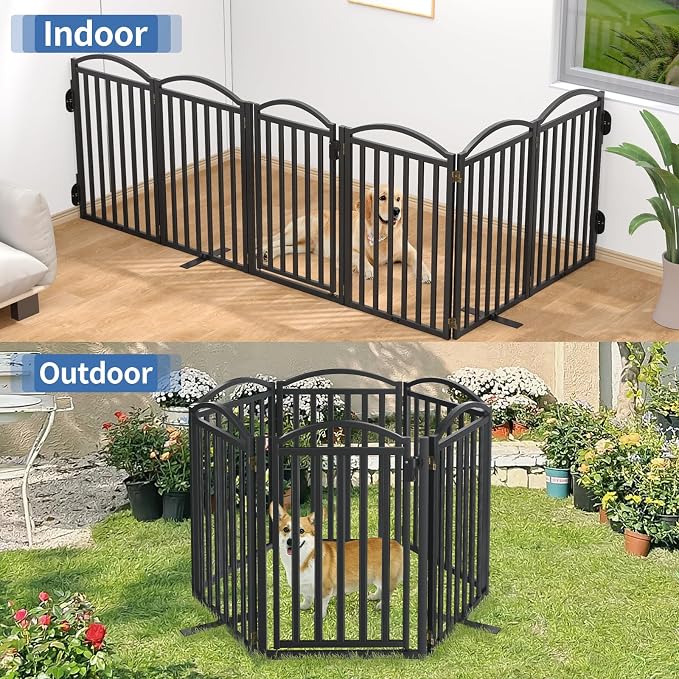 Malier Metal Freestanding Dog Gates with Door, Outdoor Indoor Dog Fences, Extra Wide Foldable Puppy Gate for Stairs, Hallways, Yard (Black, 120''W × 32''H【6 Panels】)