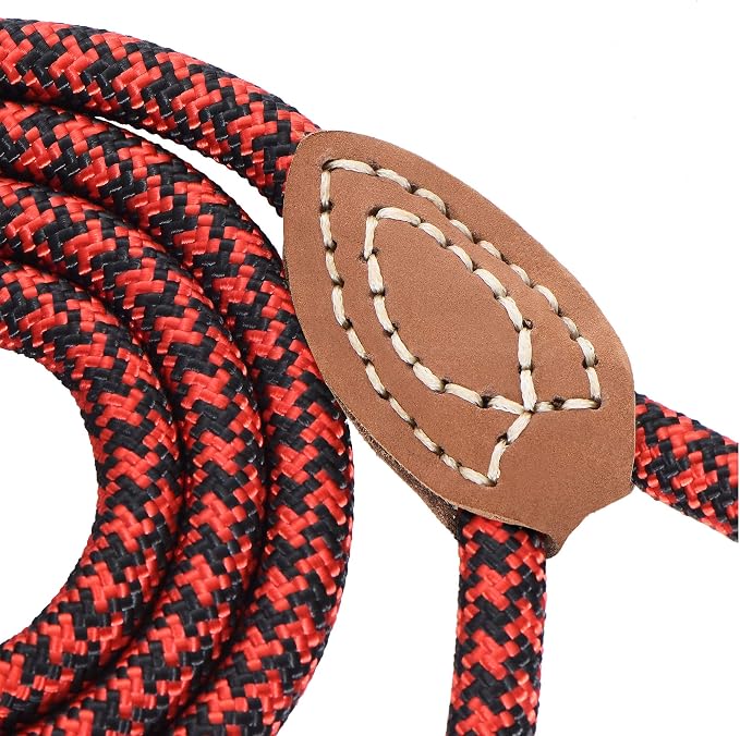 Mile High Life Dog Leash with Genuine Leather Connection, 6 FT/5 FT/4 FT | Rope Leash, Heavy Duty 360° Swivel Metal Clasp, for Small Medium & Large Dogs (Red Black, 48 Inch)