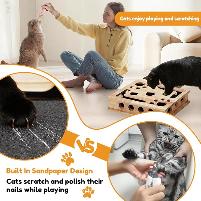 【Large&Thicken Oak 】Cat Nail File Scratcher Puzzle Box,High-Density Furniture Grade Oak,Porous Design,Stimulate Cat Exploratory &Slow Down Eat Speed;Built In Frosted Paper,Polish Their Nail While Play