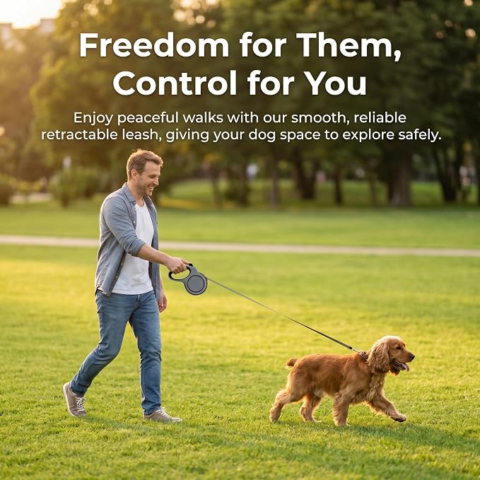 16ft Retractable Dog Leash for Medium Dogs up to 66 lbs, Gray | Heavy-duty nylon tape, tangle-free 360 for medium dogs up to 66 lbs. Built-in waste bag dispenser, one-hand brake & lock.