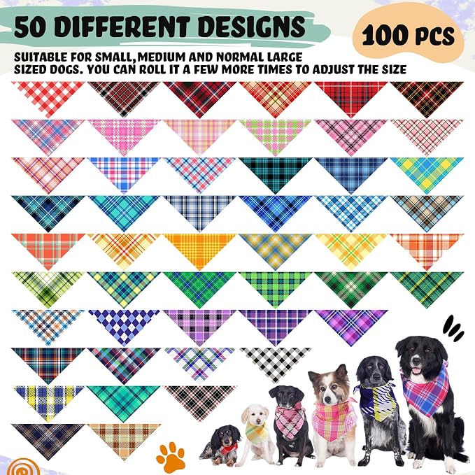 100 Pcs Plaid Dog Bandanas Bulk Pet Triangle Scarf Bibs Washable Puppy Kerchief Adjustable Grooming Supplies for Small Medium Large Dog Cat Costume Accessories
