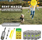 Dog Poop Bags Holder with LED Flashlight|Pet Waste Bags Dispenser for Leash|Doggie Potty Bags Container with Leak-proof Pet Trash Bags and Accessories (1 Holder 195 Bags, Grey and Black)