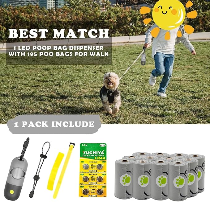 Dog Poop Bags Holder with LED Flashlight|Pet Waste Bags Dispenser for Leash|Doggie Potty Bags Container with Leak-proof Pet Trash Bags and Accessories (1 Holder 195 Bags, Grey and Black)