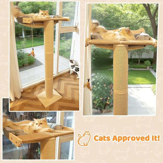 54" Tall Cat Scratching Post with Window Perch | Gray Fluffy Cushion, 3-Piece Thickened sisal Roman Columns, Drill-Free Suction Cup, Elevated Privacy Hammock, 60 LBS Capacity