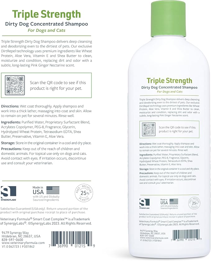 Veterinary Formula Smart Coat Triple Strength Dirty Dog Shampoo, 17 oz | DirtRepel concentrated shampoo with shea butter and aloe vera to clean extra-dirty coats, control odors and soothe skin