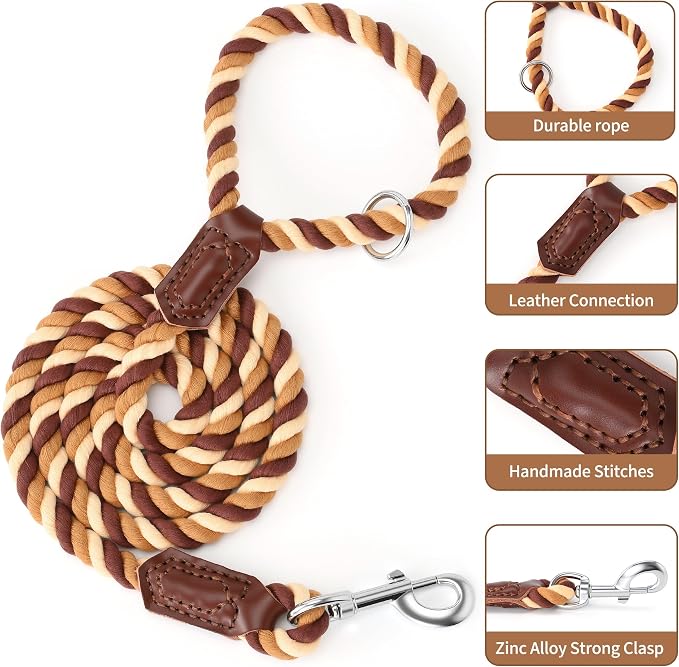 Mile High Life Rainbow Dog Leash Braided Cotton Rope w Leather-Wrapped Ends | Rust-proof 360° swivel clasp, Heavy-duty for medium/large breeds. Great for weddings, daily walks (4FT, 1/2", Brown Gradient)