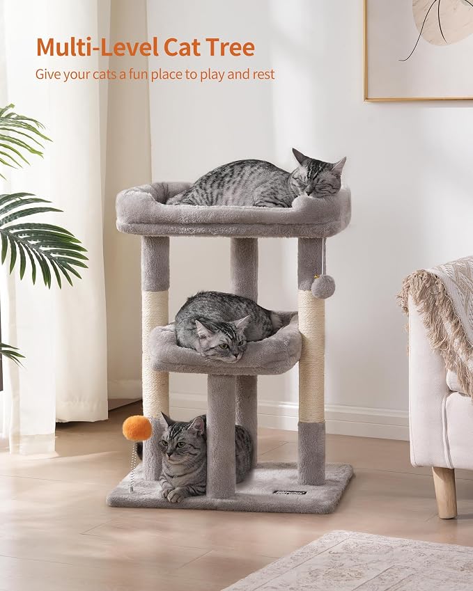 FourFurPets Small Cat Tree, Multi-Level Cat Tree for Indoor Cats, Cat Tower with Scratching Post, Cat Condo for Kittens,Toy Balls, 2 Soft Platform, Light Gray