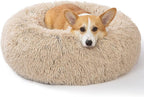 SAVFOX 30 inches Calming Donut Dog Bed - 3X Durable Plush Faux Fur, Machine Washable & Non-Slip, Fits up to 45 lbs, Beige