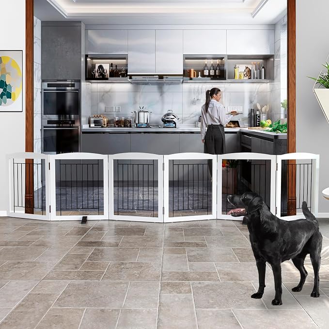 ZJSF Freestanding Dog Fence Indoor, Foldable Dog Gate for Doorways, Stairs or Hallways, Sturdy Wood Extra Wide Pet Gate with Support Feet for The House, White, 24 "Height-6 Panels