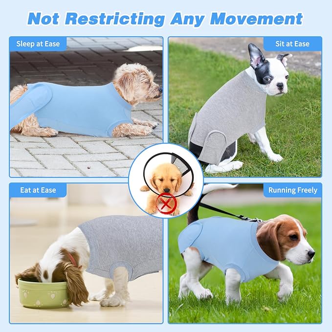 2 Packs Breathable Cotton Dog Recovery Suit for After Neuter Spay Abdominal Wounds Protector, Professional Anti-Licking Onesies for Male Female Pets Surgery Bandages, M Grey Blue Pure