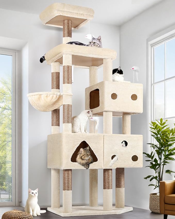 Globlazer Extra Large Cat Tower, 81-inch Tall Cat Tree for Big Cats 20 lbs, XXL Heavy Duty Cat Scratching Tower for Indoor Adult Cats with 3 Cat Condos, 8 Scratching Posts, F81, Beige