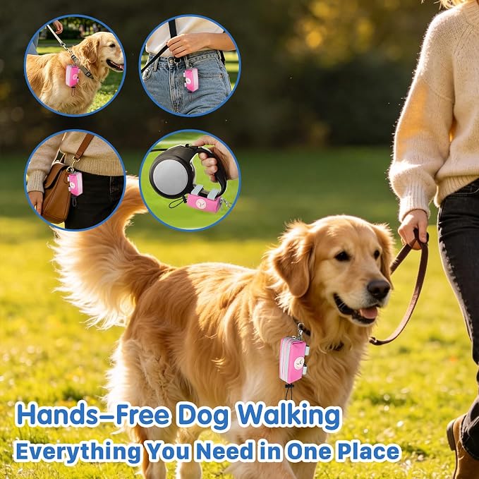 Dog Poop Bag Holder for Leash, Large-Capacity Canvas Pouch, Pink | Holds one bag roll, keys, treats, and small essentials with quick access, secure straps, and water-resistant canvas