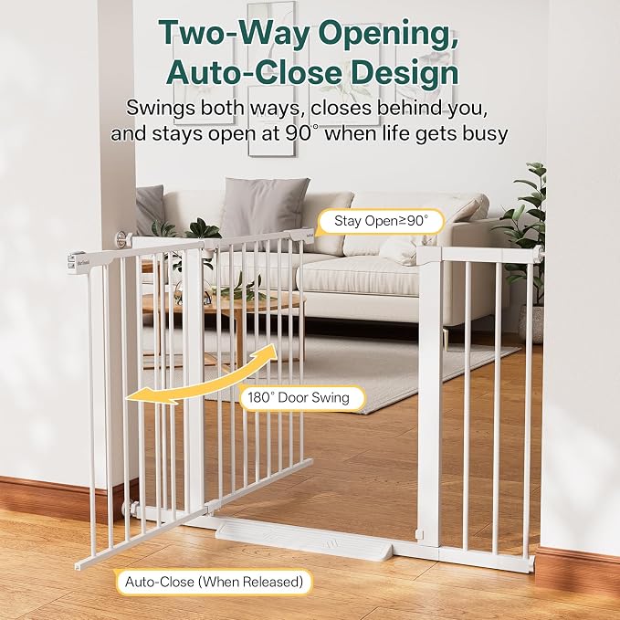 InnoTruth 29.6-44.6 in Wide Baby Gate for Stairs and Doorways, White | Indoor Metal Dog Gate for Pets, Auto Close 2 Way Swing Walk Through Door, Double Lock & Y-Bolts, Pressure or Hardware Mount