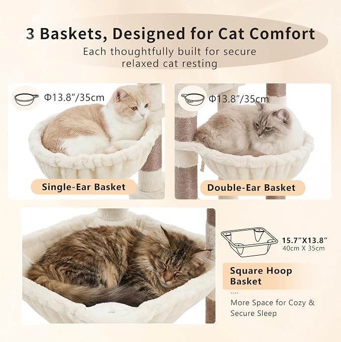Heybly Cat Tree, 74.8'' Spacious & Tall Cat Tower for Large Cats HCT062MJ-1 | Cat Furniture with Large Top Perch, Solid Base, 2 Cat Condos, Hanging Hammock, Durable Sisal Scratching Posts, Beige