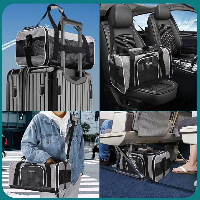 Petskd Small Pet Carrier 17" L x 11" W x 9.5" H Airline Approved, Grey | for Alaska Airlines, Lockable Safety Zippers and Anti-Scratch Mesh, Pets Under 10 lbs