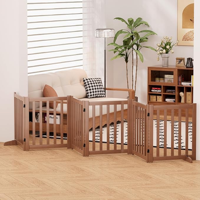 Wooden Freestanding Foldable Dog Gate, 24 Inch Height 6 Panel Pet Gate No Drill for Doorways Stairs, Fully Assembled Indoor Puppy Fence (Teak Color, 120" W x 24" H)