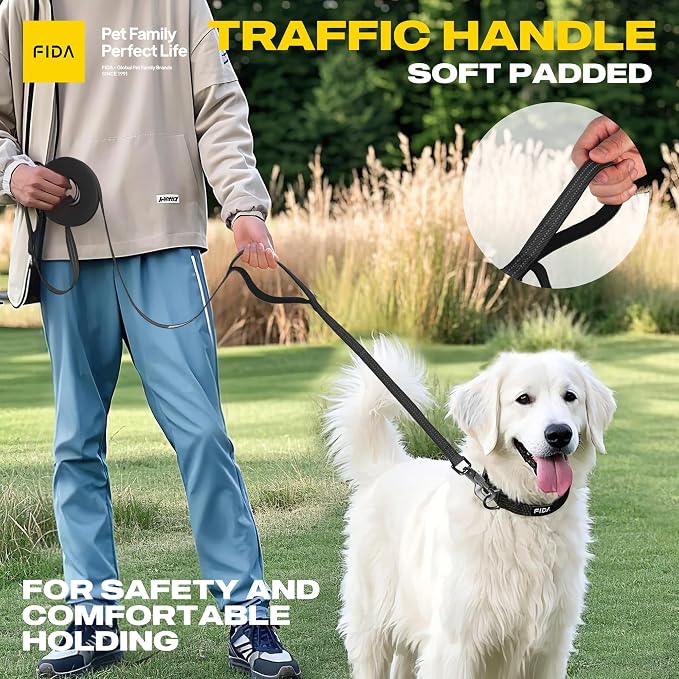 Fida Obedience Recall Training Agility Lead, 50FT Long Dog Leash, Black | 33FT & 50FT, Traffic Handle, Soft Padded, Reflective for Night Safety, Durable Nylon Dog leash for Small Medium Large Breeds