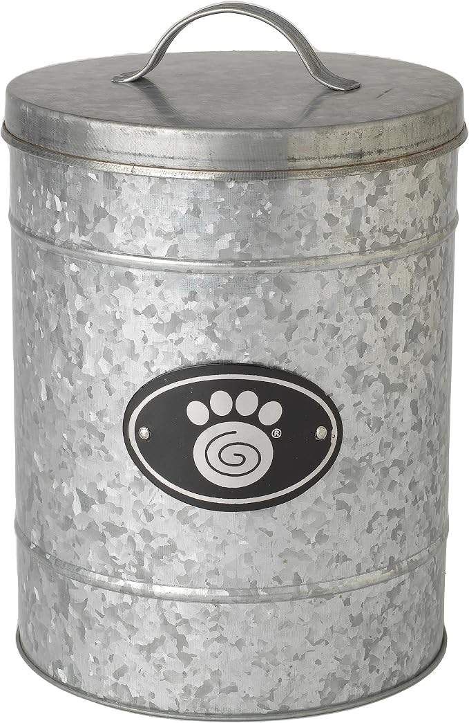 PetRageous 16079 Swirl Paw Galvanized Stainless-Steel Storage Container 6.02-Quart 7.87-Inch Diameter 9.84-Inch Tall for Dog Treats and Dog Food or Cat Treats, Metallic