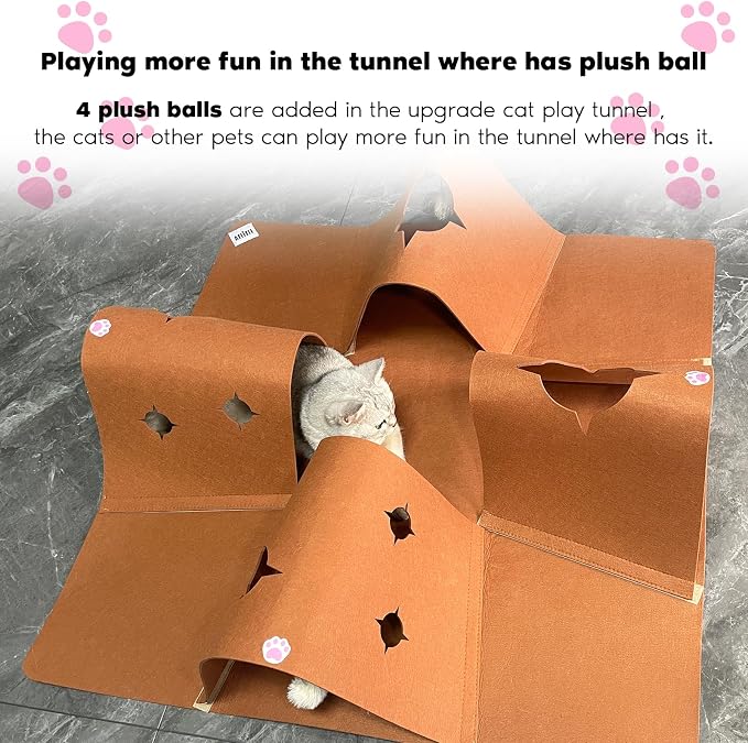 Interactive Cat Tunnel Mat for Indoor Cats, 4-Way Felt Cat Cave with Hanging Ball, Foldable Kitty Play Mat and Hideout, Pet Enrichment Toy for Kittens, Rabbits, Small Pets | 35.4" Multi-Entrance Cat Play Tunnel with Cozy Hideaway Space, Provides Enrich...