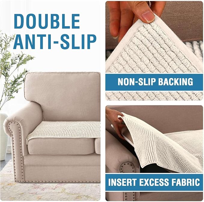 H.VERSAILTEX Plush Chenille Couch Cover for 3 Cushion Couch Anti Slip Washable Sofa Slipcovers Soft and Durable Furniture Protector for Dogs Cats Kids (27.5" x 82", Ivory)