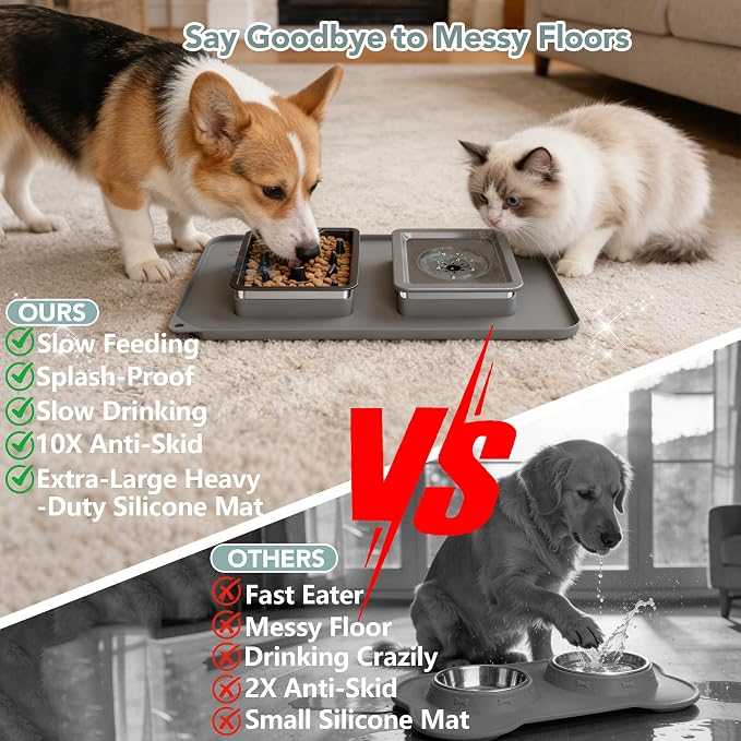 Dog Bowl Set, No Spill Dog Water and Food Bowl with Slow Feeder | Large Capacity 304 Stainless Steel Bowls, 3-In-1 Set, Slows Drinking, Anti-Slip Mat, Easy to Clean, Home/Travel, 6-7 Cups