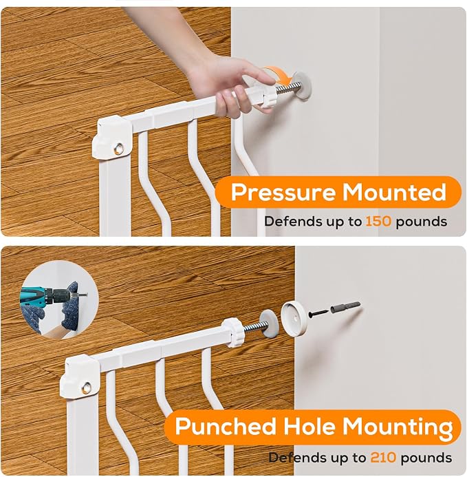 29-53" Baby Gate for Stairs, Baby Safety Essentials, Auto Close Gate for Doorways, Easy Install Pressure Mounted Dog Gate Indoor, Pet Gates for Dogs, White