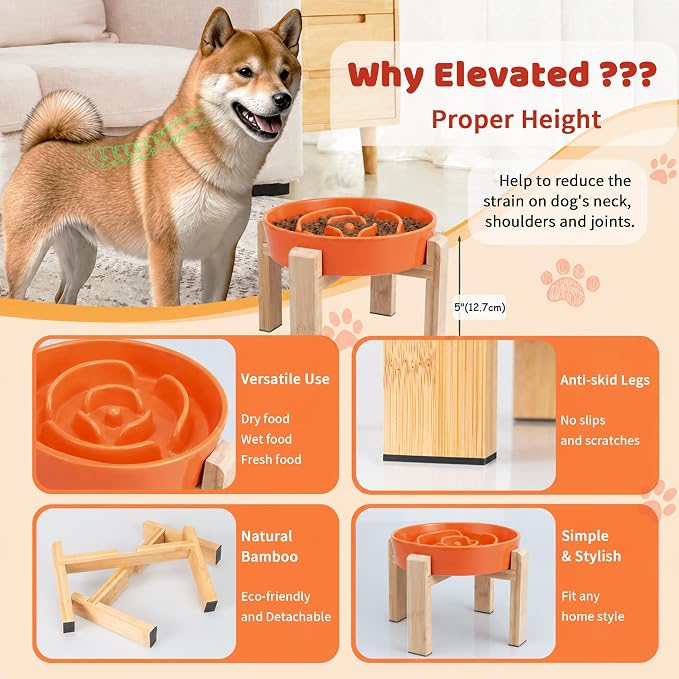 Elevated Slow Feeder Dog Bowl, 8.8" Ceramic Maze Dog Bowl with Stand | 3.2 Cups Slow Feeding Dog Dish for Fast Eaters, 7" Tall Anti-Slip Raised Slow Feeder for Medium to Large Breeds, Orange