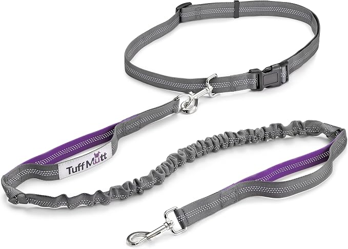Tuff Mutt Hands Free Dog Leash for Walking Running Hiking, Waist Leash with Bungee, Adjustable Belt, Reflective Double Handle Design for Large Medium Dogs