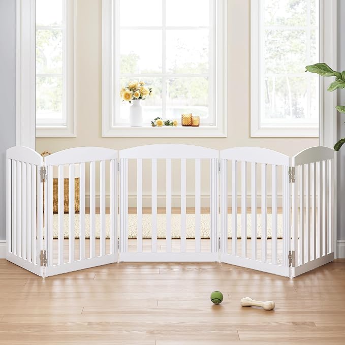 SPIRICH 120" Extra Wide 28" Tall Dog Gate Indoor, Dog Gates for Doorways, Stairs, The House, Wooden Freestanding Foldable Pet Gate, Step Over Puppy Gate, 5 Panels, White