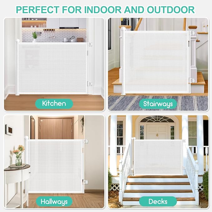 EZIGO 71 Inch Retractable Baby Gates, 41 Inch Extra Tall Retractable Gate | One-Hand Operation Retractable Dog Gate, 5.9FT Mesh Safety Pet Gate for Stairs, Deck, Porch, Doorways Indoor Outdoor, White