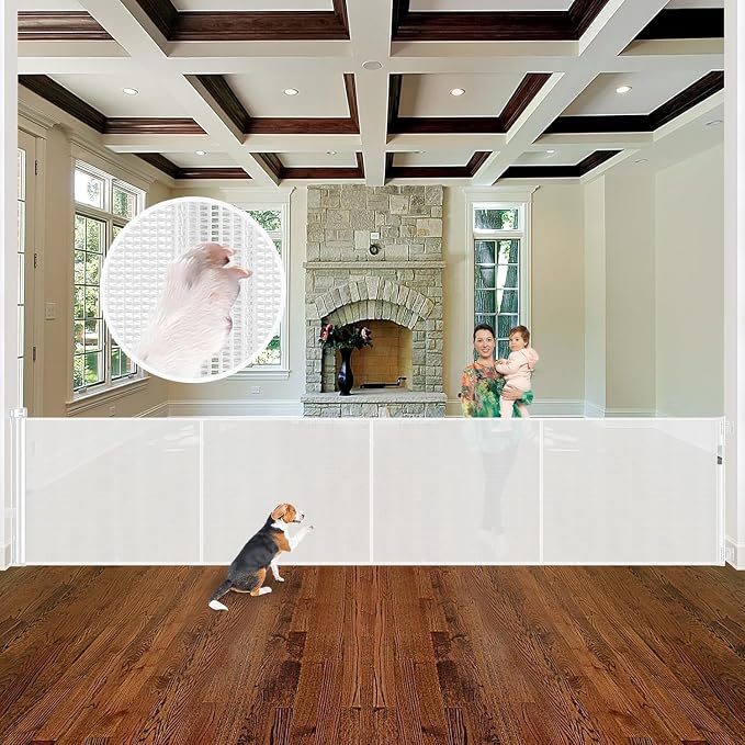 Reinforced 155" Extra Wide Retractable Baby Gate, Prevents Crawling Under | Indoor/Outdoor Retractable Dog Gate, Space-Saving, Easy to Use, Scratch-Resistant Mesh, Safety Lock, Easy Install, White