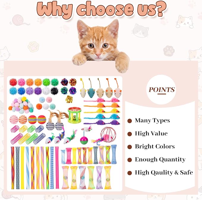 Leitee 151 Pcs Cat Interactive Toys for Indoor Cats Bulk with Gift Storage Bag Kitten Toys Stuff Gift Set Including Springs Mice Balls Bells Sisal Ball for Indoor Kitty Play Exercise (Bright)