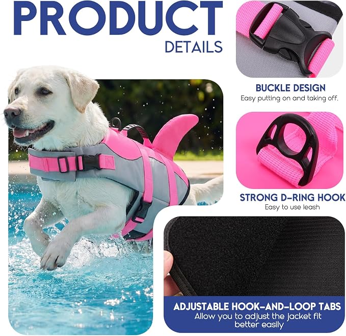 ASENKU Dog Life Jacket - Pet Safety Vest for Swimming & Boating, Shark Life Jacket with Floatation, Dog Lifesavers Swimsuits for Small Medium Large Dogs (Pink, XL)