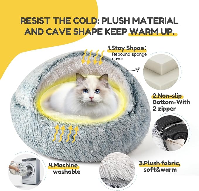 CATISM Cat Bed, Plush Hooded Cat Beds for Indoor Cats | Warm Soft Plush Comfortable Removable Washable Non-Slip Bottom