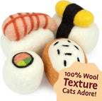 Woolbuddy Wool Cat Toys (Sushi 4 PCS) for Indoor Cats & Kittens Catnip-Free | 100% Pure Wool Felt Interactive Cat Toys, Catnip-Free for Bored Cats, Teething Kittens, Redirect Cat's Destructive Energy
