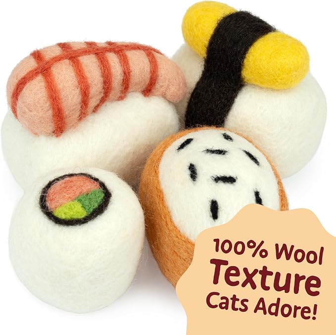 Woolbuddy Wool Cat Toys (Sushi 4 PCS) for Indoor Cats & Kittens Catnip-Free | 100% Pure Wool Felt Interactive Cat Toys, Catnip-Free for Bored Cats, Teething Kittens, Redirect Cat's Destructive Energy