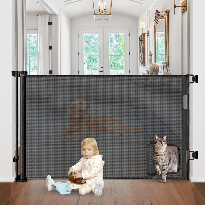 Retractable Baby Gates with Cat Door 80" Wide Retractable Dog Gate with Pet Door Outdoor Retractable Gate for Dogs Retractable Pet Gate with Door Mesh Baby Gate Retractable Mesh Dog Gate (Black)