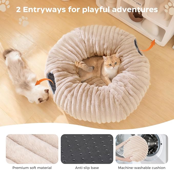 Avont Cat Tunnel Bed for Indoor Cats, Latte | Cat Donut Tunnel Toys | Folds Into a Cozy Bed | 3 Shapes: Donut, C, S | 9.8in Large Cats | 2 Peek Holes & 2 Toy Balls