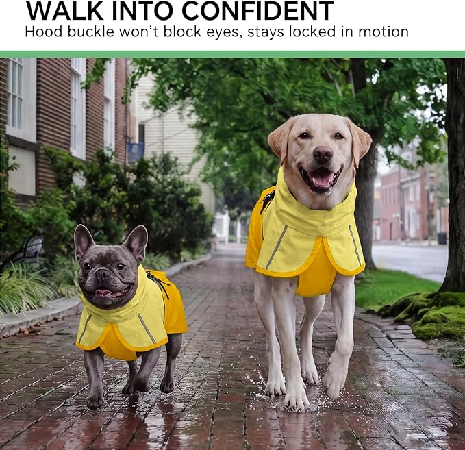 Luciphia Dog Raincoat, Adjustable Hooded Reflective Jacket with Pocket | Yellow small dog rain jacket with leash hole, buckle-on, non-stick fur. For daily walks.