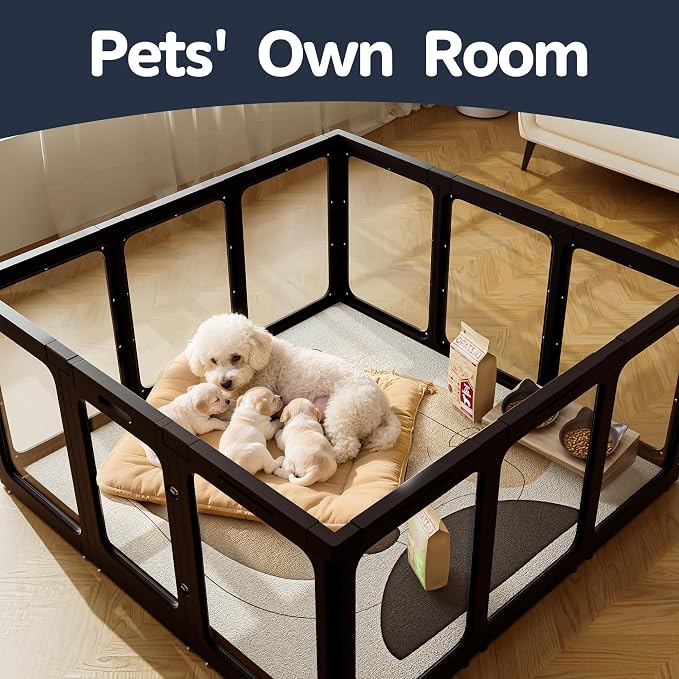 Jalove 24" H Acrylic Dog Playpen Indoor,Relieves Pet Anxiety | Ideal for Small Dogs, 8 PCS Plastic Puppy Playpen with Door, Clear PlayPen for Dog Rabbit, Easy Assemble Pen, Black