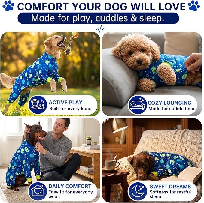 Dog Pajamas for Small to Medium Dogs, Soft Stretchy Lightweight Dog Onesie, Blue Jellyfish Print, Breathable Full Body Dog PJs for Recovery, Sleeping & Calming (Large, 20–30 lbs)