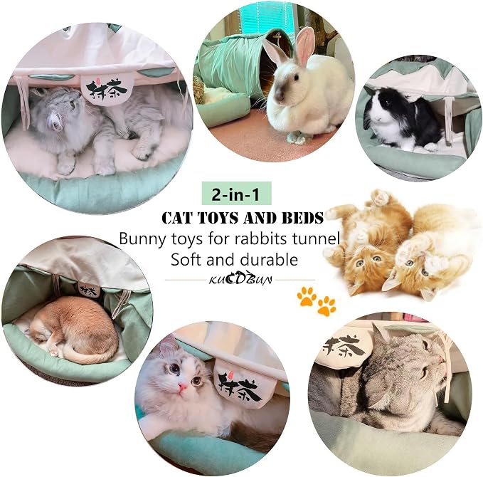 Cat Tunnel Bed, 2-in-1 Collapsible Cat Tunnel Tubes Toys with Removable Mat for Pet Cats Kittens Puppies Rabbits Bunnies Ferrets (Matcha)