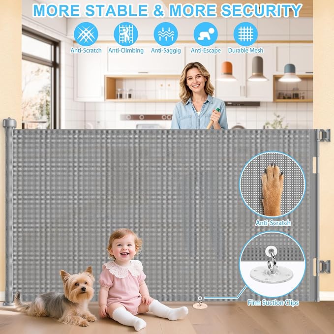 EZIGO 55 Inch Retractable Baby Gates, 41 Inch Extra Tall Retractable Gate | One-Hand Operation Retractable Dog Gate, 4.58FT Mesh Safety Pet Gate for Stairs, Deck, Porch, Doorways Indoor Outdoor, Gray