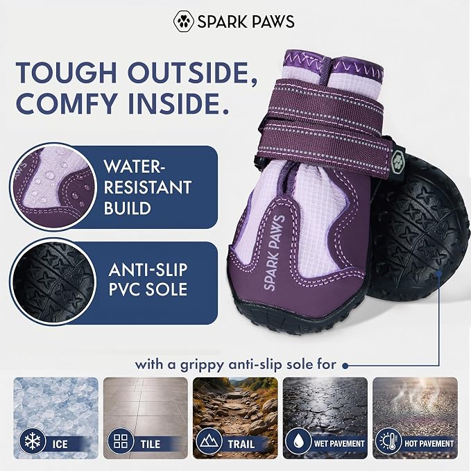 Spark Paws 365 Dog Shoes - All-Season Boots for Winter Snow & Hot Pavement | Water-resistant, anti-slip, stay-on straps - rain, ice & summer booties in one. Reflective; small, medium & large dogs