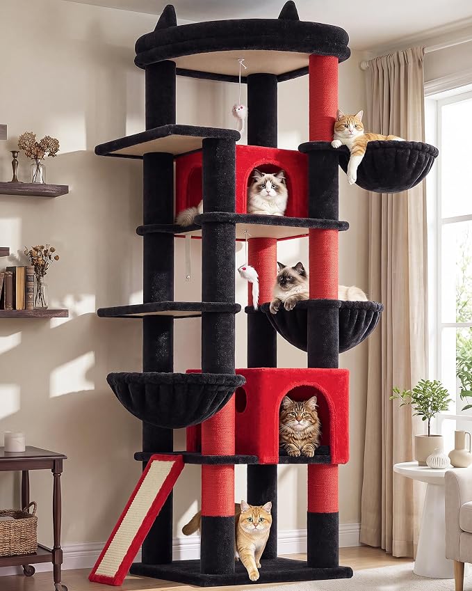 Globlazer Extra Large Gothic Cat Tree, 78 inch Sturdy Tall Cat Tree Tower for Indoor Multiple Large Adult Cats Kittens with 6 Scratching Posts, Enlarged Top Perch, 2 Padded Condos, S78G, Black Red