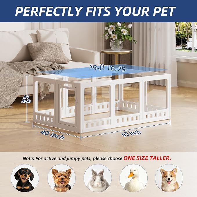 Clear-air Dog Playpen, Expandable Acrylic Dog Playpen for Small Dogs, Transparent Clear Dog Play Pen Indoors Puppy Enclosure, 24", 10 Panels, White