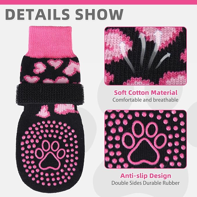 KOOLTAIL Valentines Dog Socks Shoes Costume to Prevent Licking Paws, Winter Dog Boots & Paw Protector for Hardwood Floors Anti Slip,Traction Control Grip Booties for Small Medium Large Senior Dogs, SM